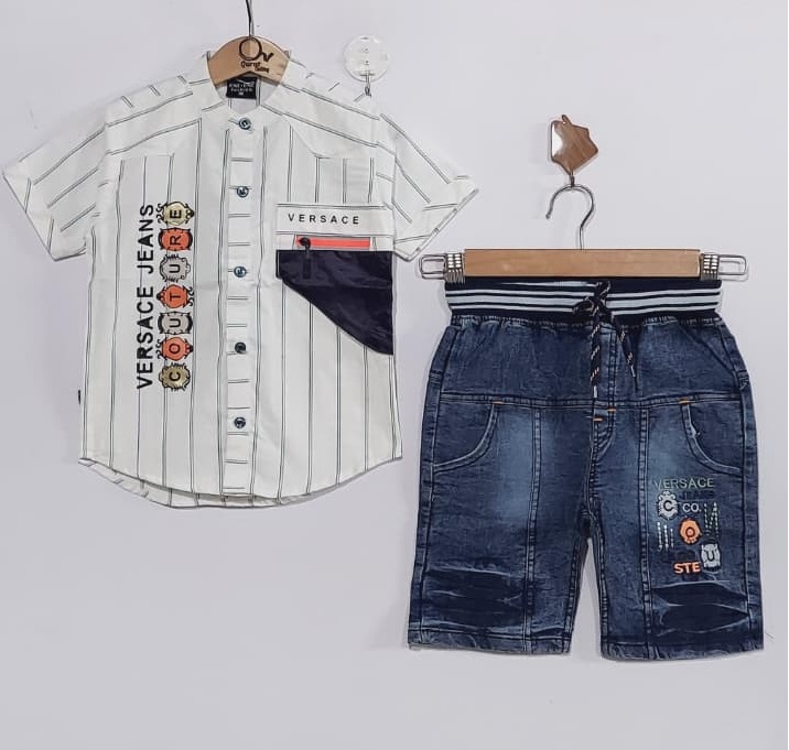Grey Stripe Cotton “VERSACE” Print Shirt with Blue Denim Shorts Boys Summer Set QC7049 -  QC7049