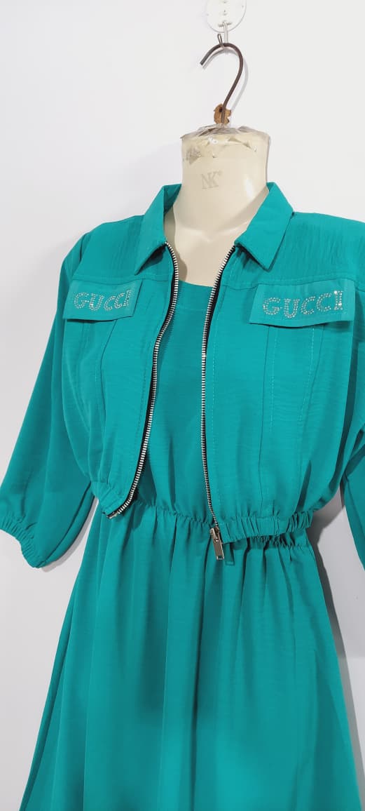 Emerald Teal Green Girls 2-Piece Zip Jacket & Elastic Waist Maxi Dress Set – Embellished Pocket Detail QC7059 - QC7059