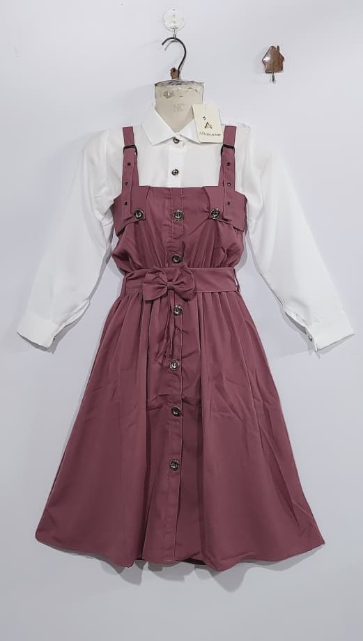 Dusty Mauve Pinafore Dress Two Piece Set with White Button-Down Shirt & Front Bow Detail – QC6036 - QC6036