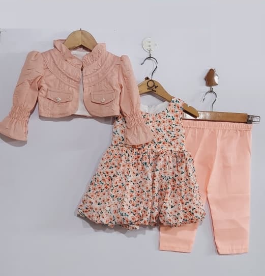 Blush Pink Floral Dress with Cropped Ruffle Jacket & Matching Trouser – Girls 3 Piece Outfit QC7069 - QC7069