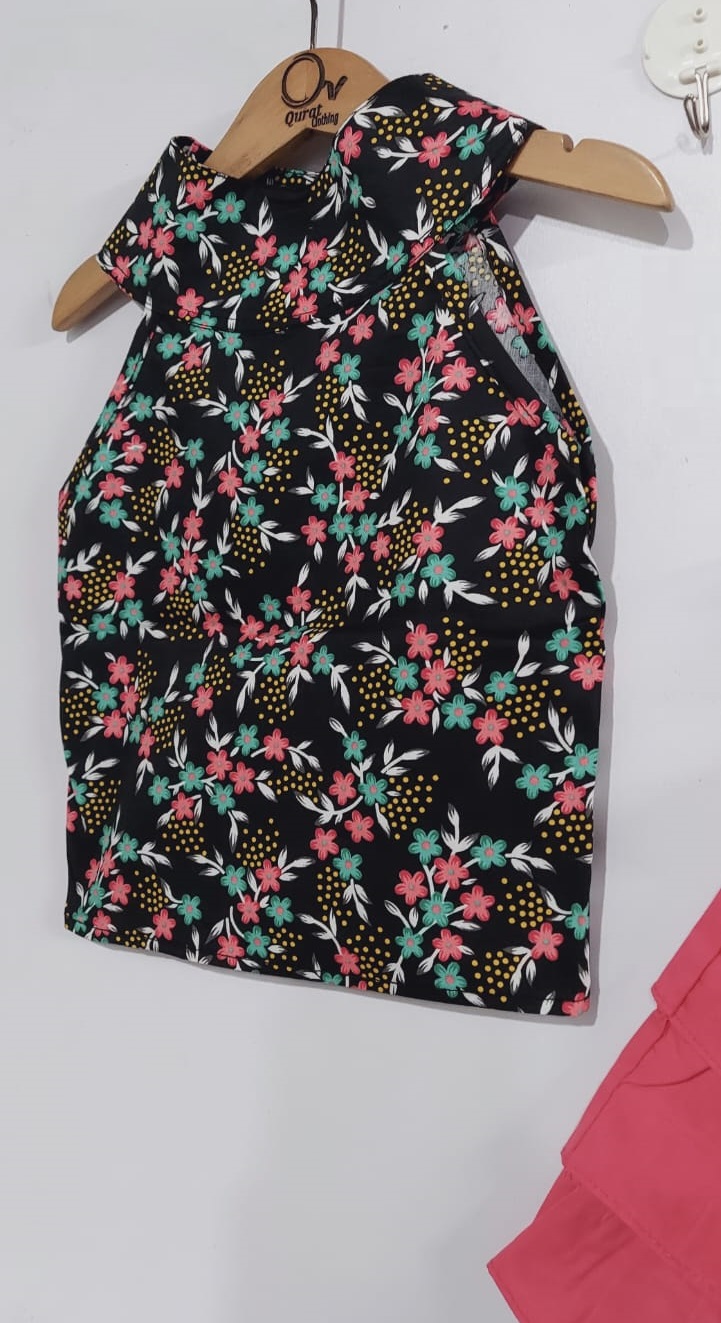 Black Flower Print Tank Top & Pink Layered Frill Skirt Summer Co-Ord Set – QC8002 - QC8002