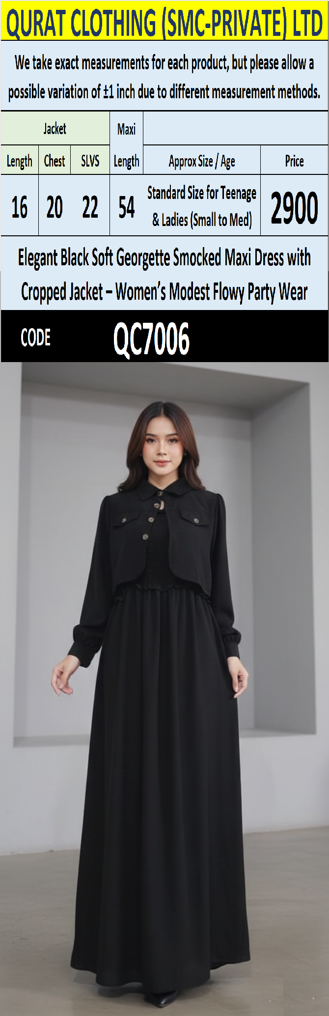 Elegant Black Soft Georgette Smocked Maxi Dress with Cropped Jacket – Women’s Modest Flowy Party Wear – QC7006 - QC7006