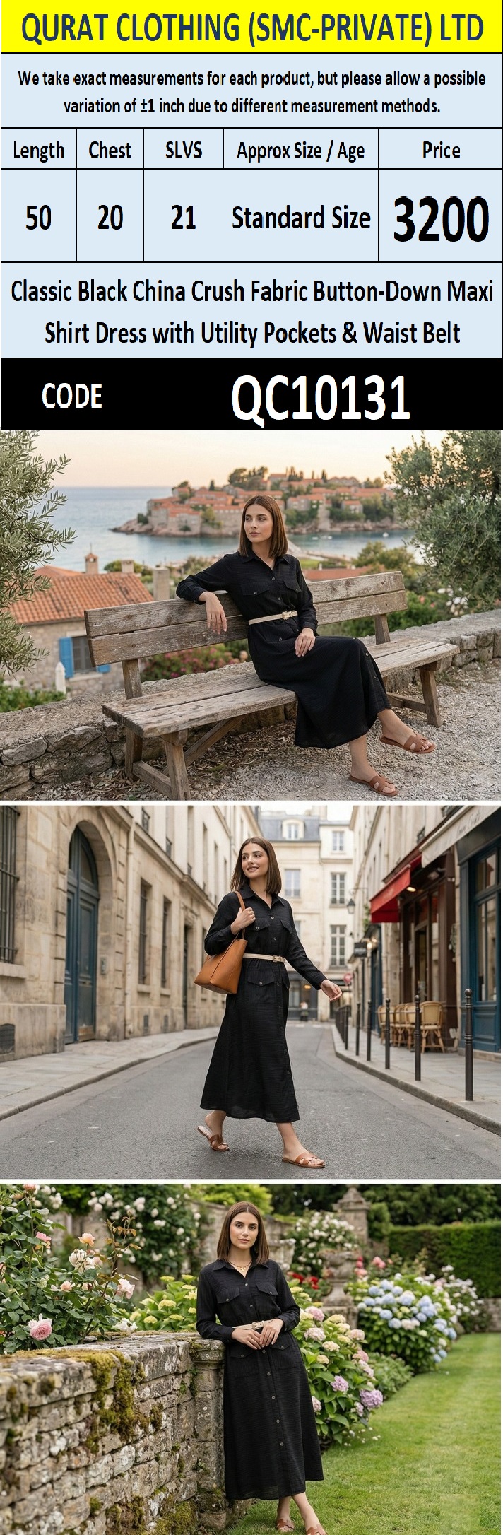 Classic Black China Crush Fabric Button-Down Maxi Shirt Dress with Utility Pockets & Waist Belt – QC10131 - QC10131