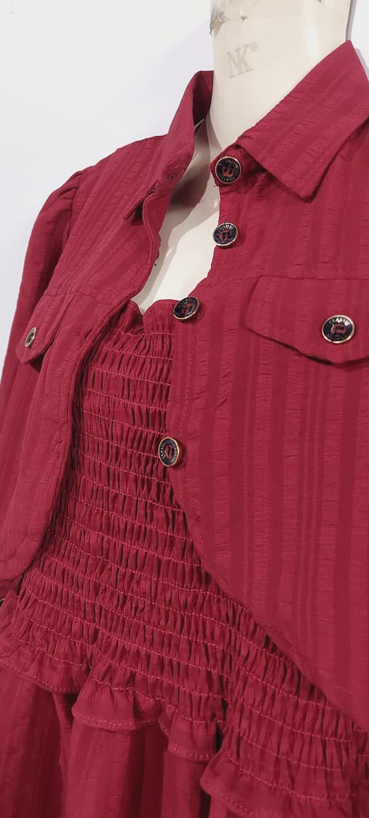 Maroon Georgette Two Piece Dress Set with Smocked Bodice & Cropped Button Jacket – QC6032 - QC6032