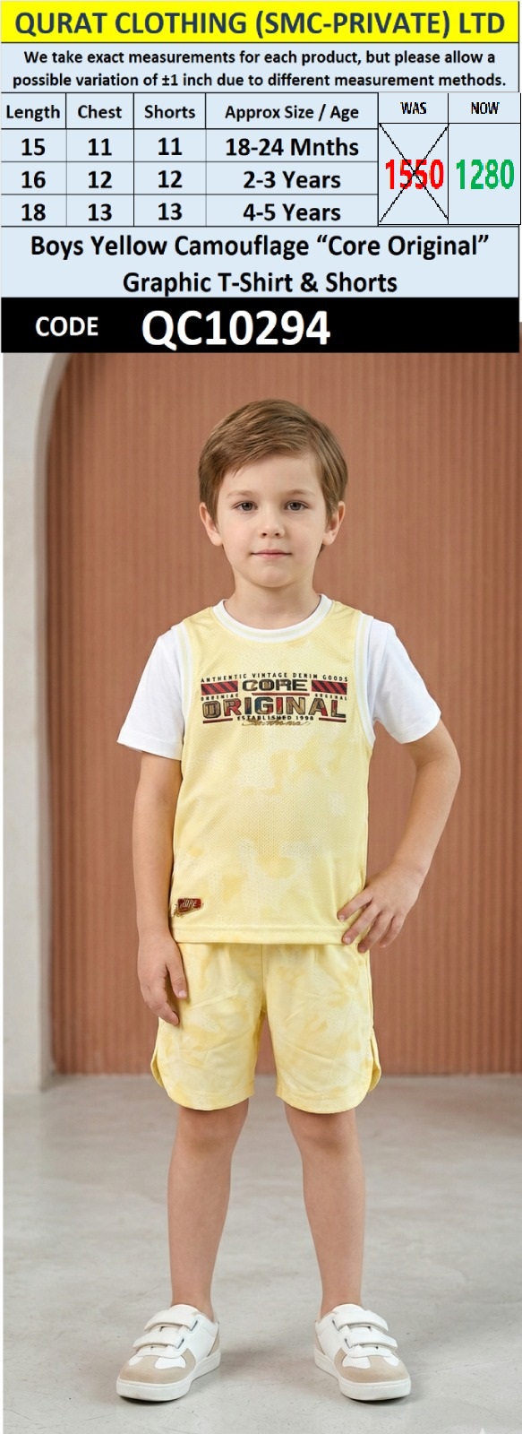 Boys Yellow Camouflage “Core Original” Graphic T-Shirt & Shorts QC10294 - QC10294
