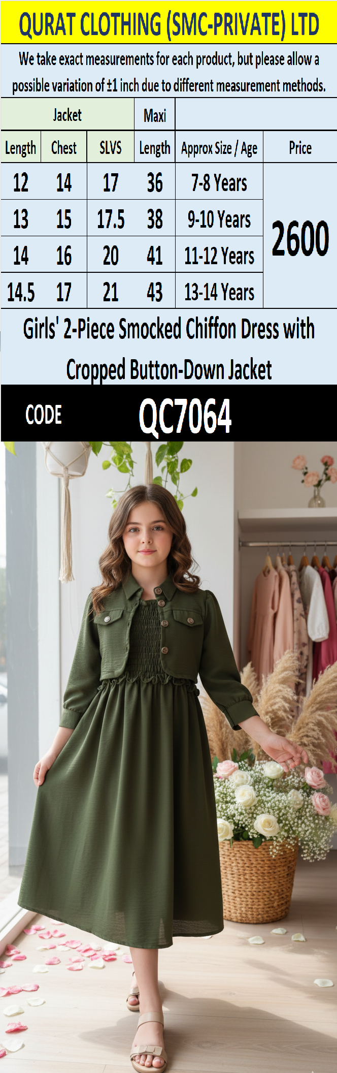 Girls Olive Green Smocked Chiffon Maxi Dress with Cropped Button-Down Jacket – 2 Piece Formal Set QC7064 - QC7064