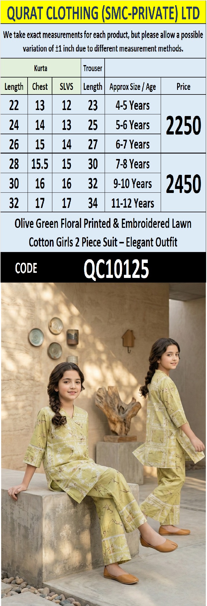 Olive Green Floral Printed & Embroidered Lawn Cotton Girls 2 Piece Suit – Elegant Outfit QC10125 - QC10125