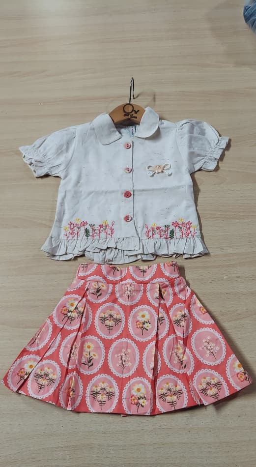 Girls Embroidered Collar Shirt & Pink Floral Skirt 2-Piece Outfit – Cute Kids Summer Dress – QC10217 - QC10217