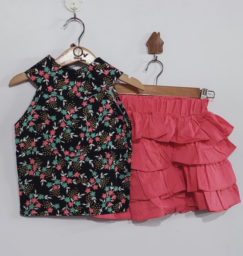 Black Flower Print Tank Top & Pink Layered Frill Skirt Summer Co-Ord Set – QC8002 - QC8002