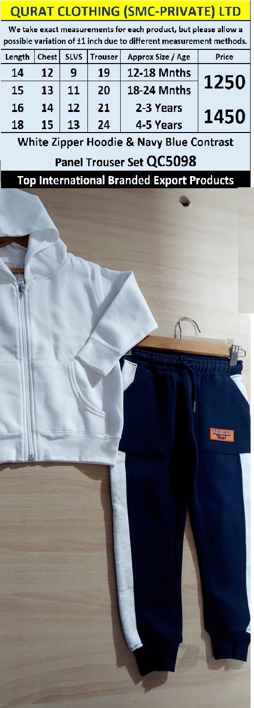 White Zipper Hoodie & Navy Blue Contrast Panel Trouser Set QC5098 – Top International Branded Export Product - QC5098