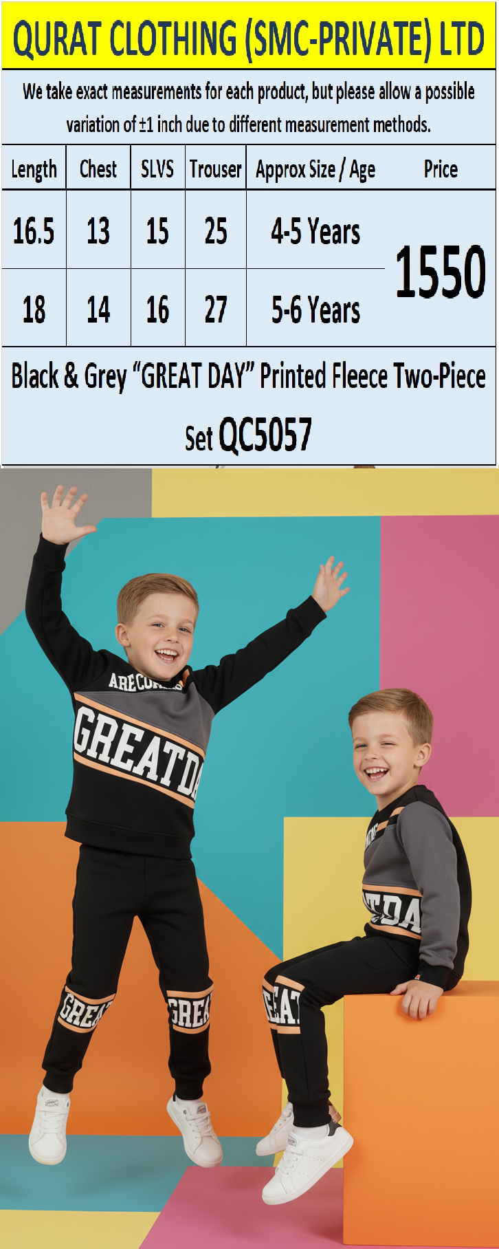 Black & Grey “GREAT DAY ARE COMING” Printed Fleece Two-Piece Set QC5057 - QC5057