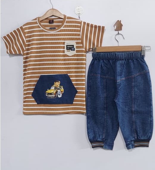 Boys Brown Striped Cotton T-Shirt with Bear Car Pocket & Denim Shorts Summer Set – QC10281 - QC10281