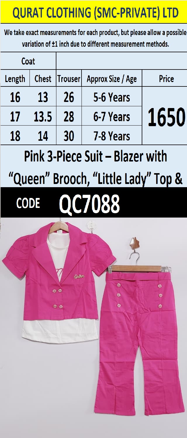 Pink 3-Paiece Suit – Blazer with “Queen” Brooch, “Little Lady” Top & Trousers QC7088 - QC7088