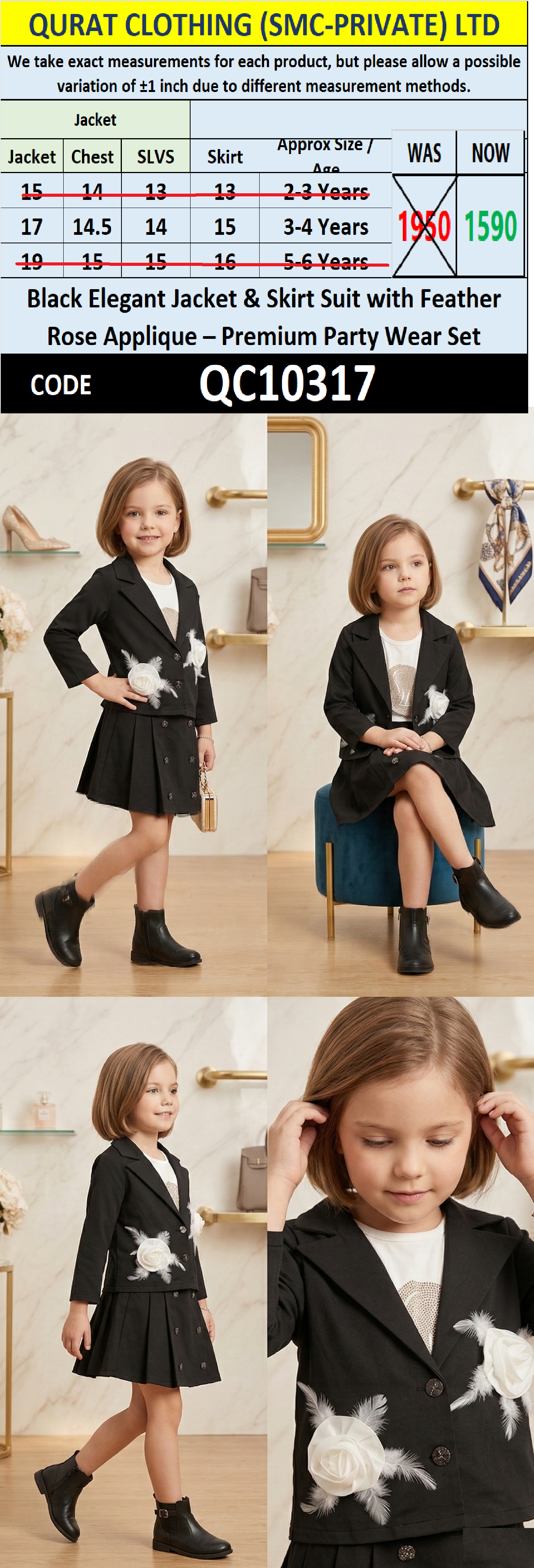 Black Elegant Jacket & Skirt Suit with Feather Rose Applique – Premium Party Wear Set QC10317 - QC10317