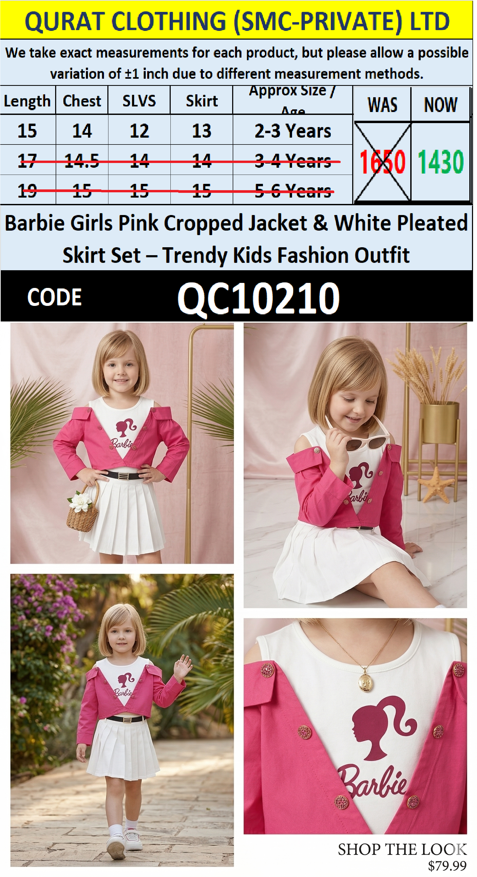 Barbie Girls Pink Cropped Jacket & White Pleated Skirt Set – Trendy Kids Fashion Outfit – QC10210 - QC10210