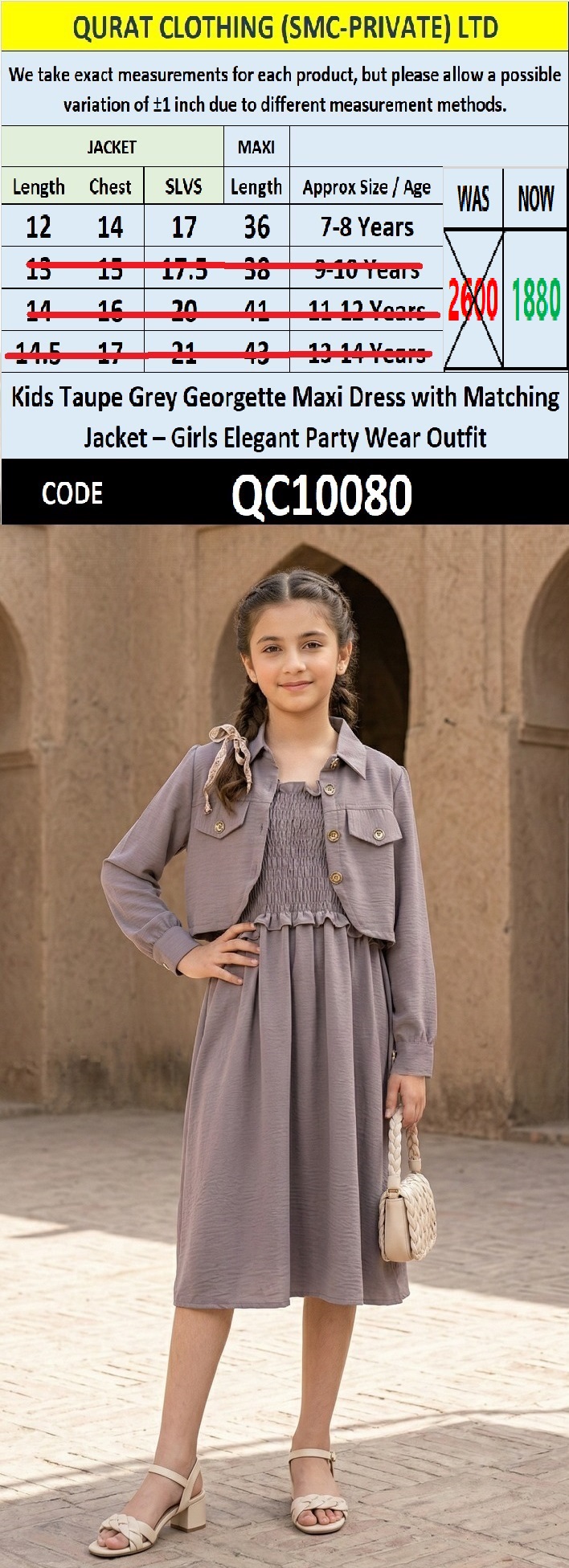 Kids Taupe Grey Georgette Maxi Dress with Matching Jacket – Girls Elegant Party Wear Outfit QC10080 - QC10080