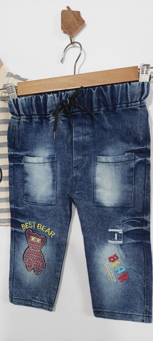 Button Vest with Striped Cotton Tee & Blue Denim BEST BEAR Patch 3 Piece Boys Suit QC7023 - QC7023