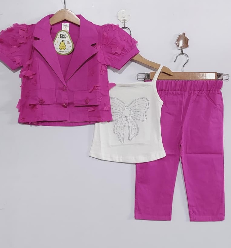 Hot Pink 3-Piece Formal Suit Set – Floral Sleeve Blazer, White Rhinestone Bow Top & Trousers QC7086 - QC7086