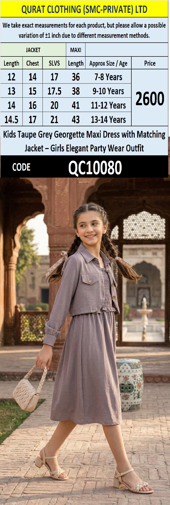 Kids Taupe Grey Georgette Maxi Dress with Matching Jacket – Girls Elegant Party Wear Outfit QC10080 - QC10080