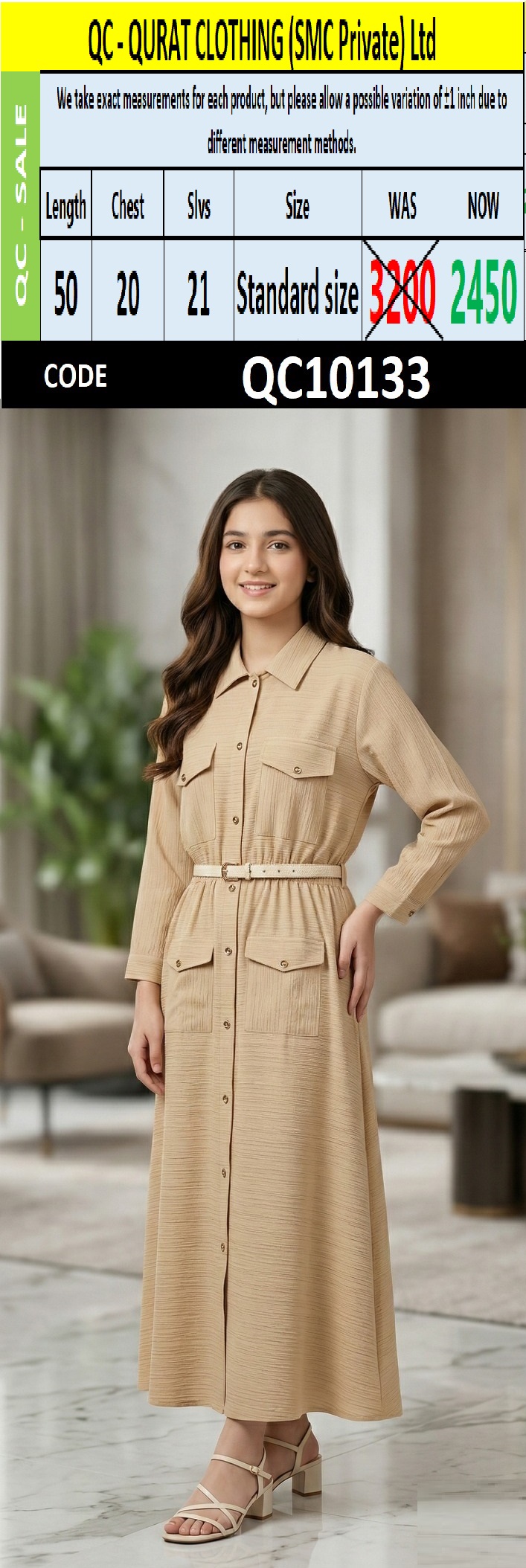 Beige China Crush Fabric Button-Down Maxi Shirt Dress with Utility Pockets & Waist Belt – QC10133 - QC10133
