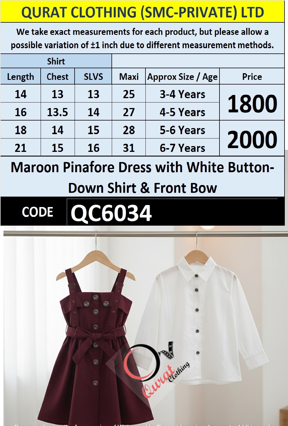 Maroon Pinafore Dress Two Piece Set with White Button-Down Shirt & Front Bow Detail – QC6034 - QC6034