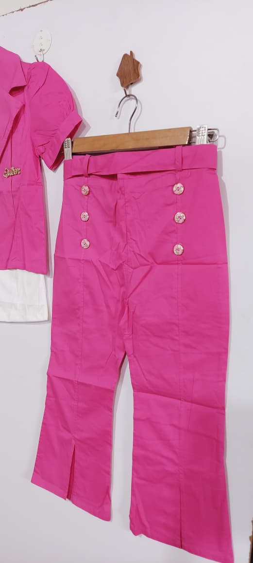 Pink 3-Paiece Suit – Blazer with “Queen” Brooch, “Little Lady” Top & Trousers QC7088 - QC7088