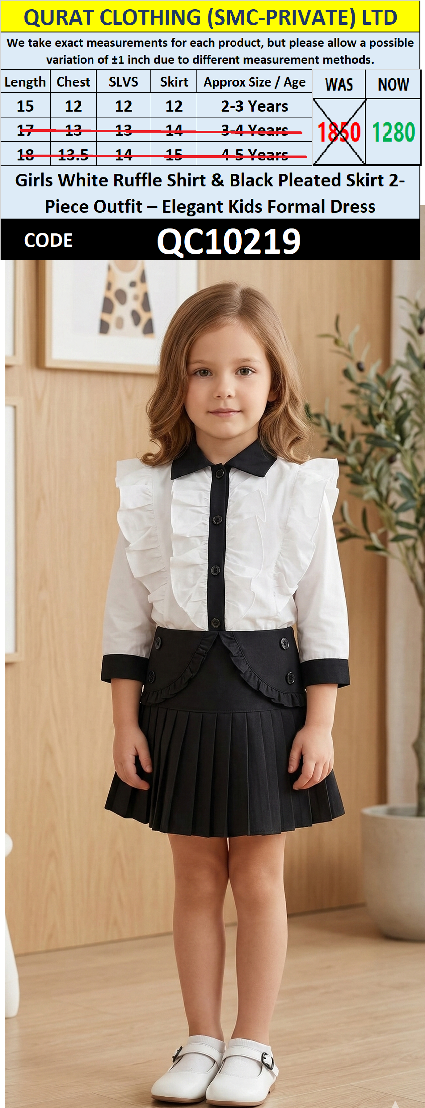 Girls White Ruffle Shirt & Black Pleated Skirt 2-Piece Outfit – Elegant Kids Formal Dress – QC10219 - QC10219