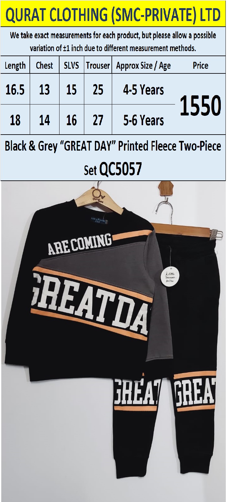 Black & Grey “GREAT DAY ARE COMING” Printed Fleece Two-Piece Set QC5057 - QC5057