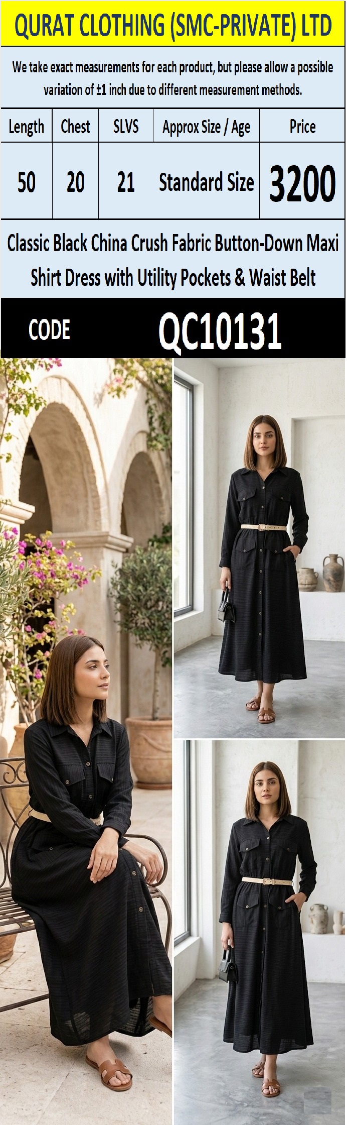 Classic Black China Crush Fabric Button-Down Maxi Shirt Dress with Utility Pockets & Waist Belt – QC10131 - QC10131