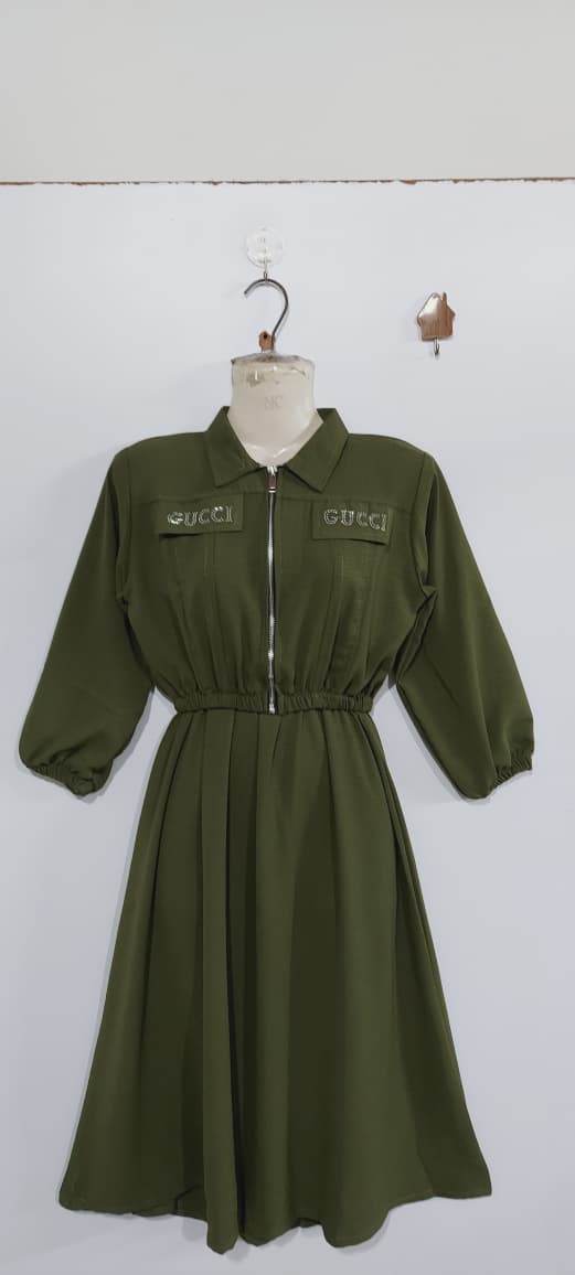 Olive Green 2-Piece Zip Jacket & Elastic Waist Maxi Dress Set with Embellished Pocket Wording for Girls - QC7061 - QC7061