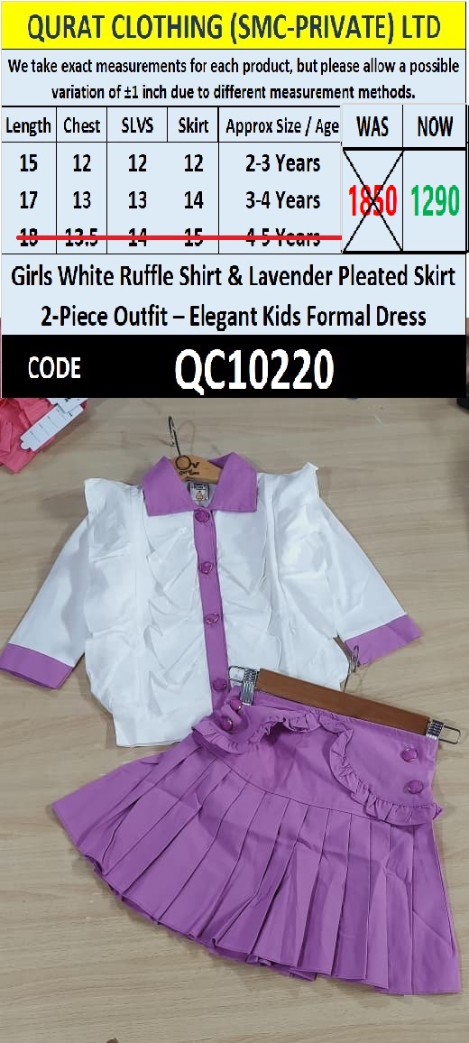 Girls White Ruffle Shirt & Lavender Pleated Skirt 2-Piece Outfit – Elegant Kids Formal Dress – QC10220 - QC10220