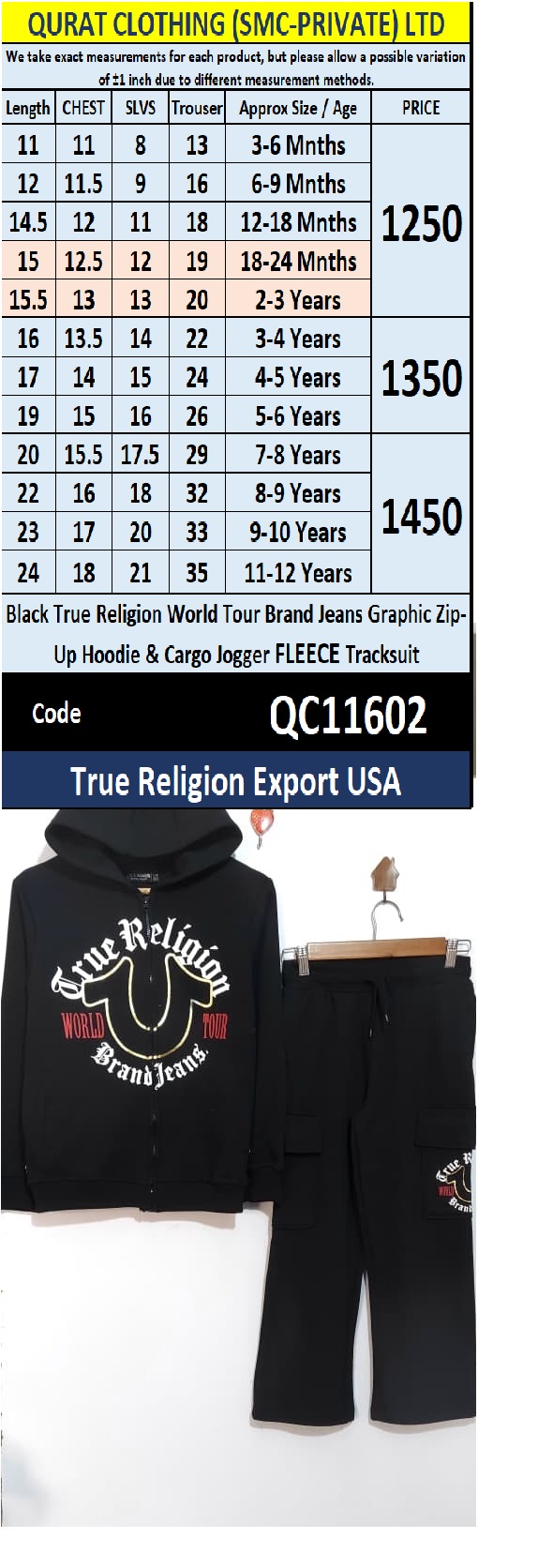 Black True Religion World Tour Brand Jeans Graphic Zip-Up Hoodie & Cargo Jogger FLEECE Tracksuit – Export USA QC11602 - QC11602