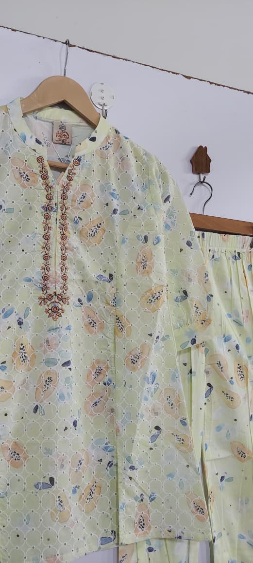 Light Lemon Yellow Floral Printed & Embroidered Lawn Cotton Girls 2 Piece Suit – Elegant Outfit QC10124 - QC10124