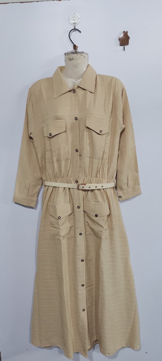 Beige China Crush Fabric Button-Down Maxi Shirt Dress with Utility Pockets & Waist Belt – QC10133 - QC10133