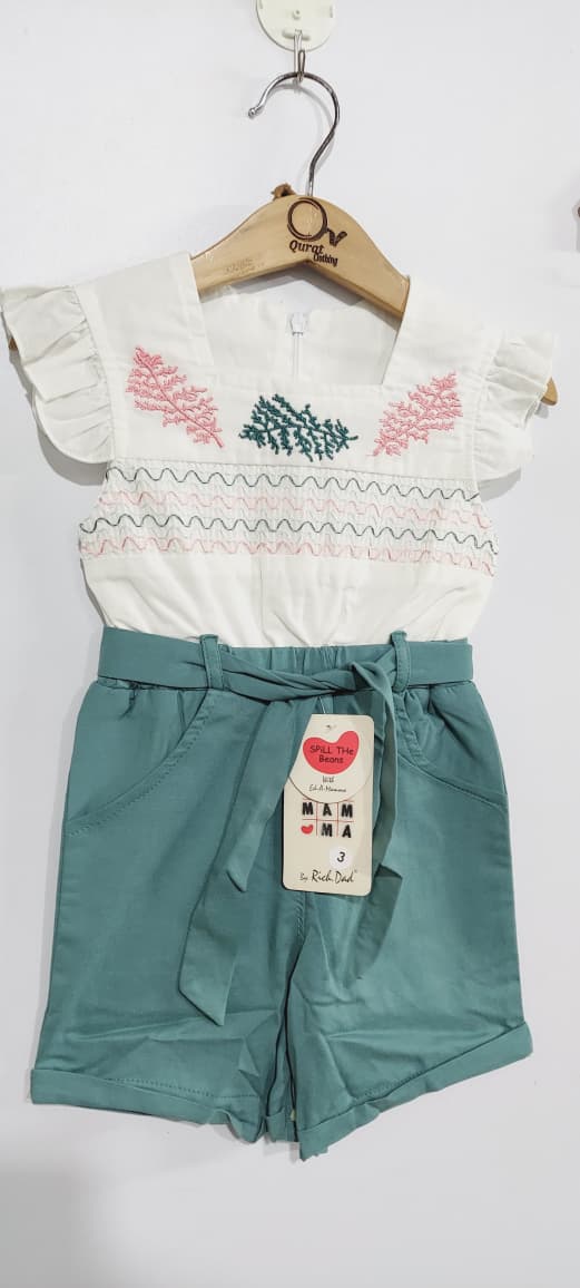 Girls Off-White & Teal Cotton Embroidered Jumpsuit – One Piece Summer Outfit QC7072 - QC7072
