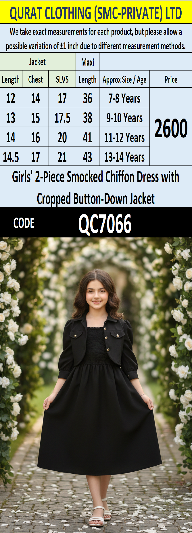 Girls Classic Black Smocked Chiffon Maxi Dress with Cropped Button-Down Jacket – 2 Piece Formal Set QC7066 - QC7066