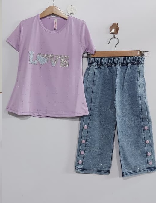 Girls Lavender LOVE Graphic T-Shirt with Blue Denim Button Capri Pants Casual Set - QC10270 - QC10270