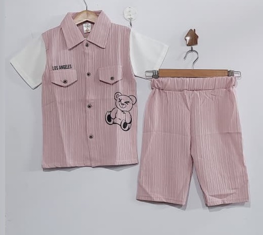 Boys Dusty Pink Los Angeles Teddy Bear Graphic Shirt & Shorts Summer Outfit – QC10273 - QC10273