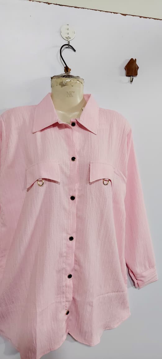 Light Pink China Crush Textured Button-Down Long Shirt – Elegant Relaxed Fit Formal Tunic QC6097 - QC6097