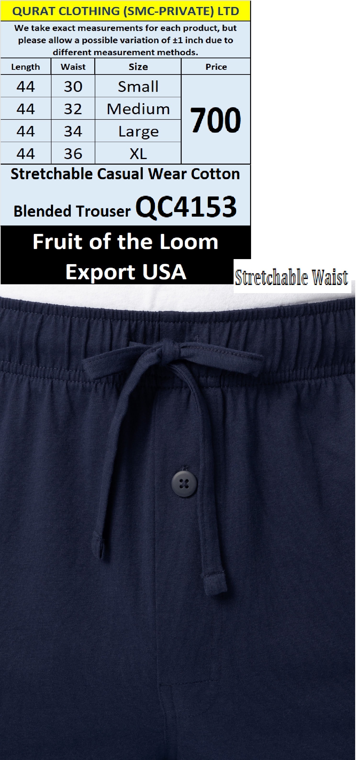 Blue Fruit of Loom Brand Casual Wear Cotton Blended Trousers QC4153 Export USA - QC4153