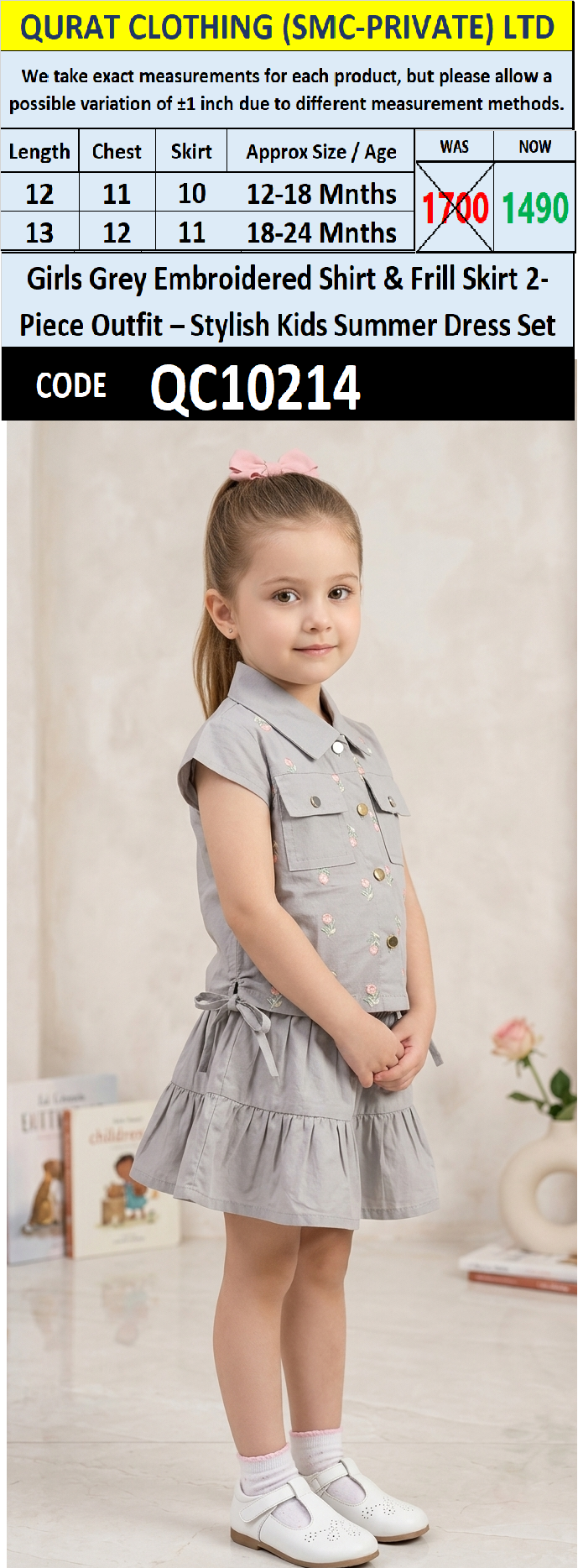 Girls Grey Embroidered Shirt & Frill Skirt 2-Piece Outfit – Stylish Kids Summer Dress Set – QC10214 - QC10214