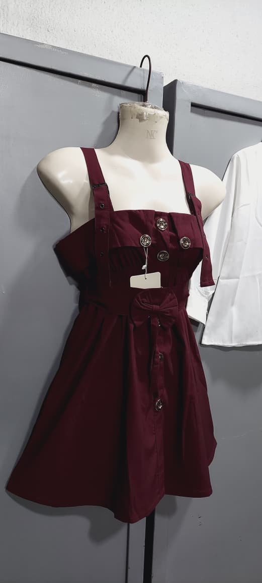 Maroon Pinafore Dress Two Piece Set with White Button-Down Shirt & Front Bow Detail – QC6034 - QC6034