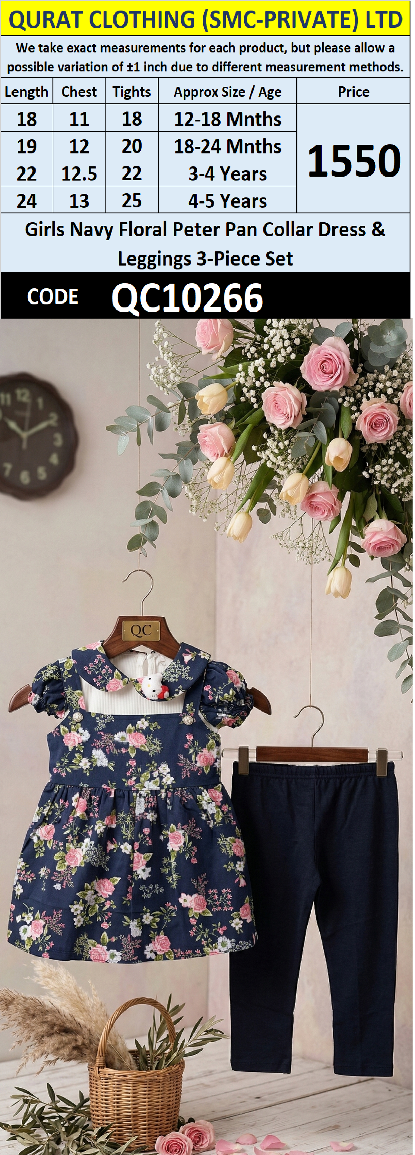 Girls Navy Floral Peter Pan Collar Dress & Leggings 3-Piece Set – QC10266 - QC10266