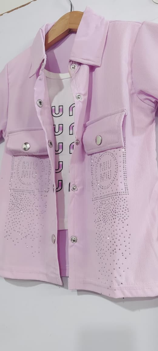 Girls Lilac 3-Piece Shirt Jacket Set with Graphic Tee & Wide-Leg Trouser – QC10254 - QC10254