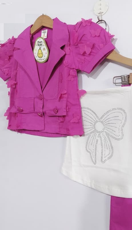 Hot Pink 3-Piece Formal Suit Set – Floral Sleeve Blazer, White Rhinestone Bow Top & Trousers QC7086 - QC7086