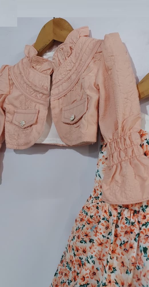Blush Pink Floral Dress with Cropped Ruffle Jacket & Matching Trouser – Girls 3 Piece Outfit QC7069 - QC7069