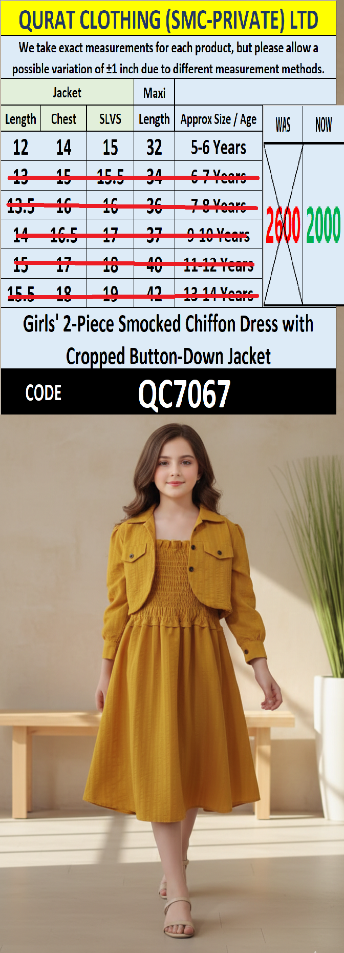 Girls Mustard Yellow Smocked Chiffon Maxi Dress with Cropped Button-Down Jacket – 2 Piece Formal Set QC7067 - QC7067