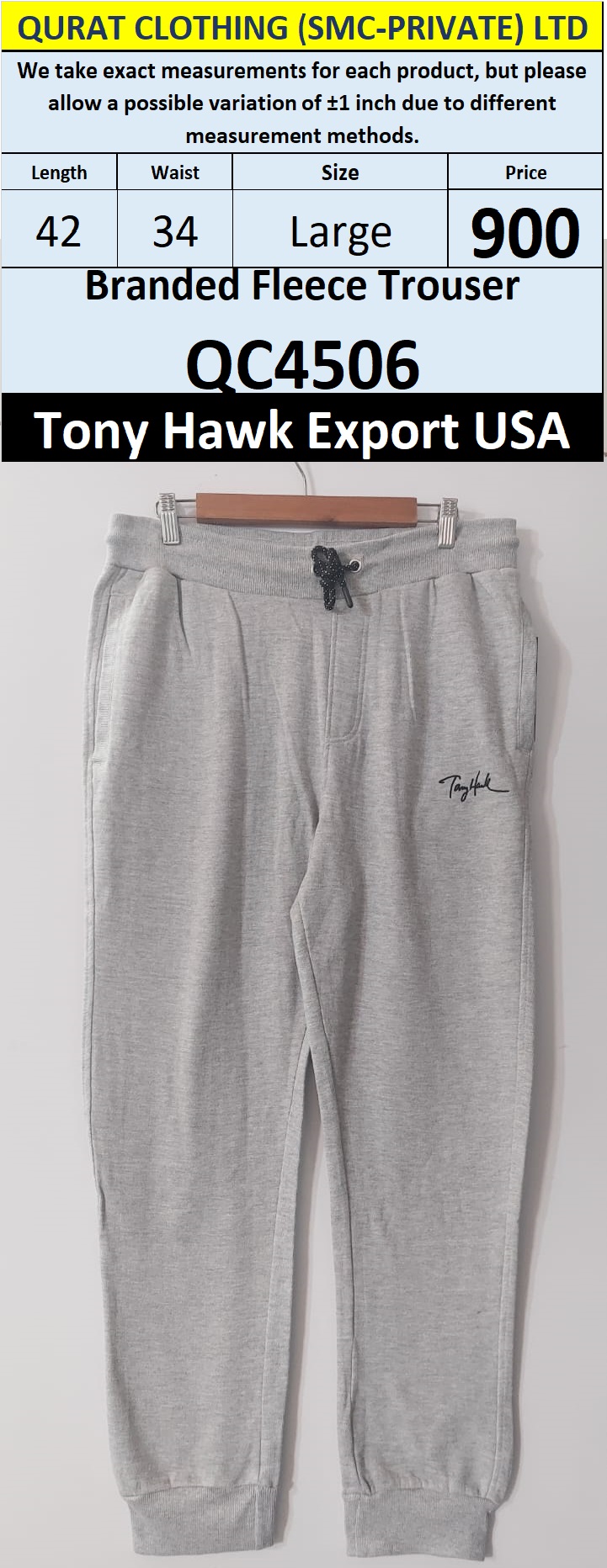 Tony Hawk Brand Fleece Trouser QC4506 Export USA - QC4506