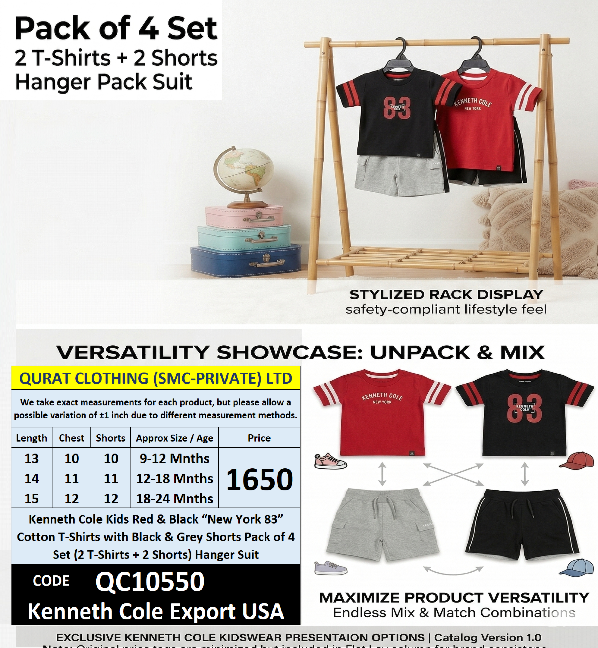 Kenneth Cole Kids Red & Black “New York 83” Cotton T-Shirts with Black & Grey Shorts Pack of 2 Set (2 T-Shirts + 2 Shorts) Hanger Suit Export USA QC10550 - QC10550