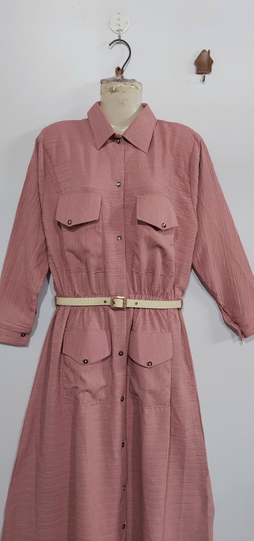 Dusty Pink China Crush Fabric Button-Down Maxi Shirt Dress with Utility Pockets & Waist Belt – QC10129 - QC10129